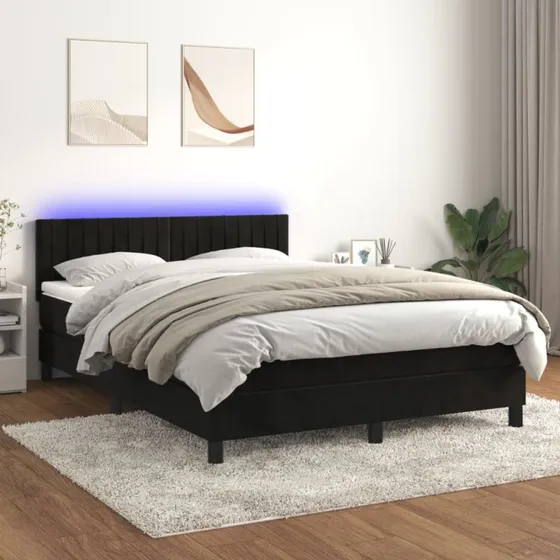 Kontinentalseng 140x200 fløjl med madras & LED-lys - Sort