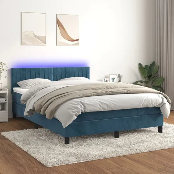 Kontinentalseng 140x200 med madras og LED - fløjl mørkeblå