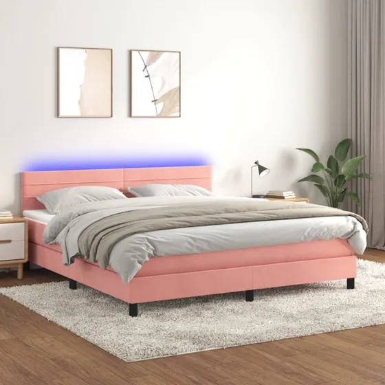 Kontinentalseng 180x200 med madras og LED-lys, fløjl lyserød