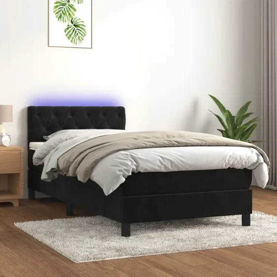 Kontinentalseng 80x200 med madras, velour & LED-lys - sort