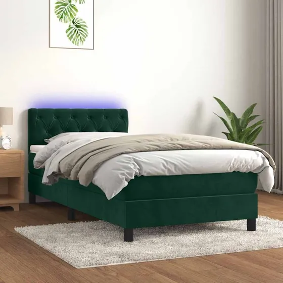 Kontinentalseng 80x200 med madras og LED-lys - velour mørkegrøn