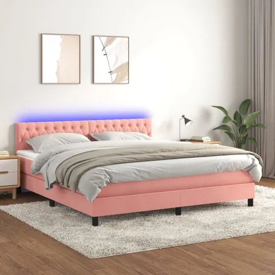 Kontinentalseng 180x200 med madras og LED-lys - lyserød fløjl