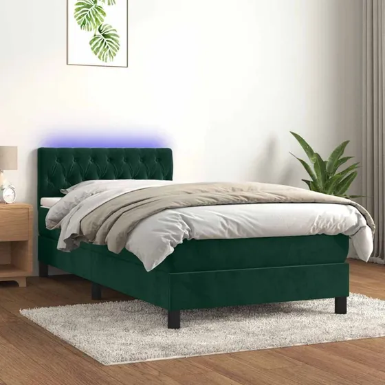 Kontinentalseng 90x190 cm i mørkegrøn fløjl med LED