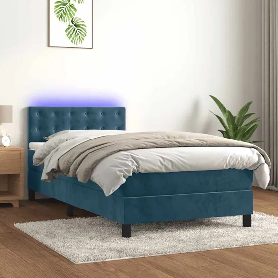 Kontinentalseng 100x200 med madras og LED-lys fløjl mørkeblå