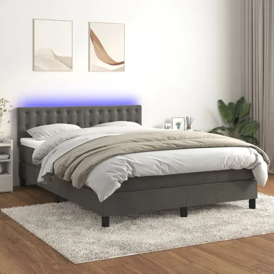 Kontinentalseng 140x190 med madras og LED-lys - Fløjl mørkegrå