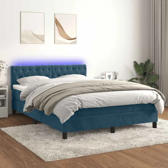 Kontinentalseng 140x200 med madras & LED - mørkeblå fløjl