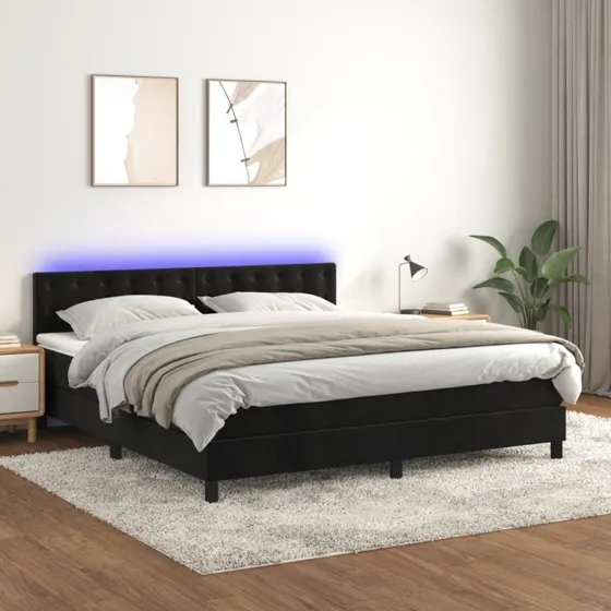 Kontinentalseng 160x200 i sort fløjl med madras & LED-lys