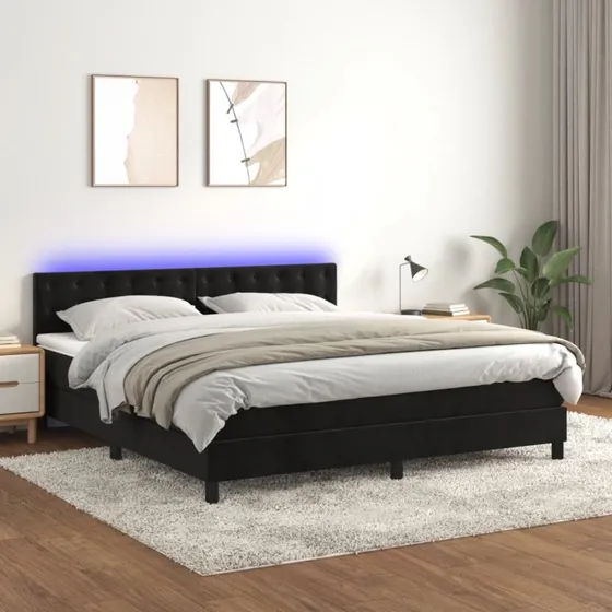 Kontinentalseng 180x200 fløjl med madras & LED-lys - Sort