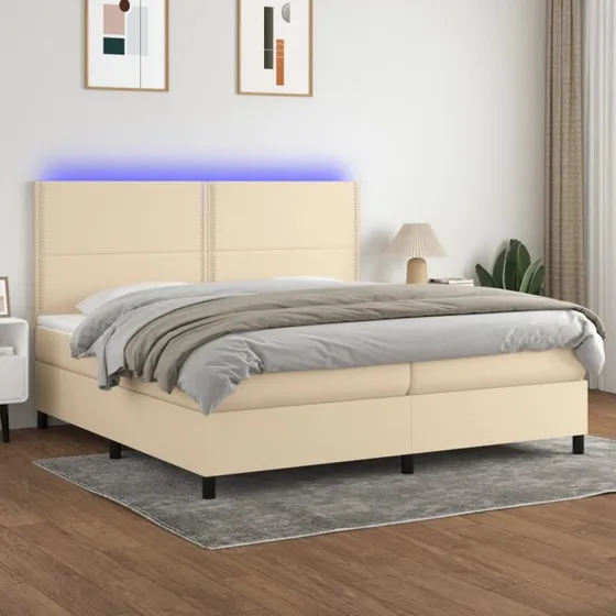 Kontinentalseng 200x200 cm i creme med LED-lys og justerbar gavl