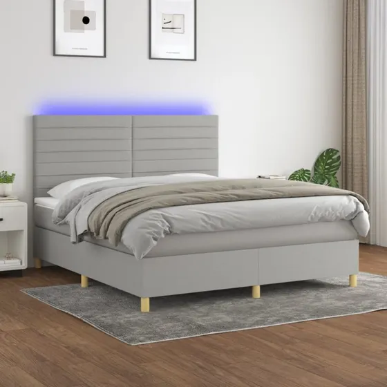 Kontinentalseng 160x200 i lysegrå stof med LED-lys
