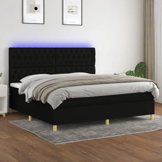 Kontinentalseng 200x200 cm med LED-lys, sort stof