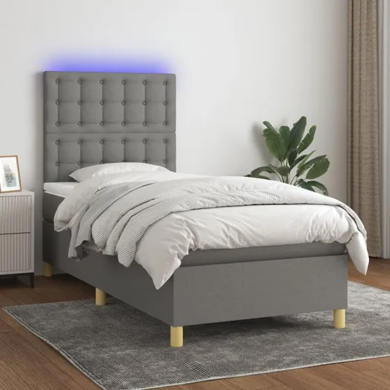 Kontinentalseng 100x200 cm med LED-lys, mørkegrå stof