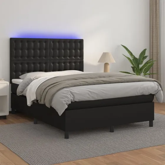 Kontinentalseng 140x200 i sort kunstlæder med LED-lys