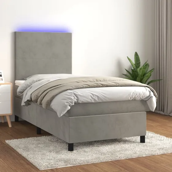 Kontinentalseng 80x200 velour lysegrå med LED-lys