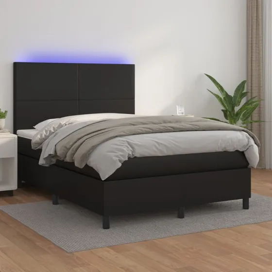 Kontinentalseng 140x190 cm i sort kunstlæder med LED-lys