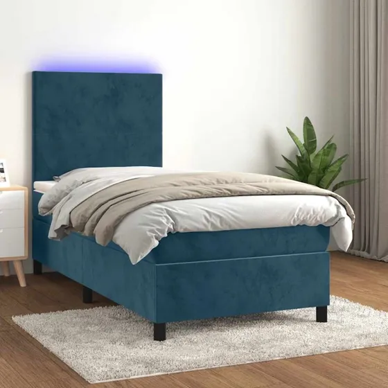 Kontinentalseng 100x200 cm i mørkeblå fløjl med LED-lys