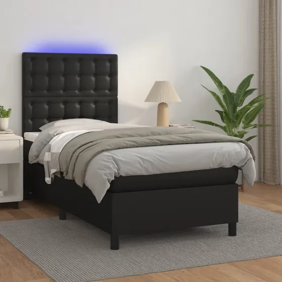Kontinentalseng 90x190 cm i sort kunstlæder med LED