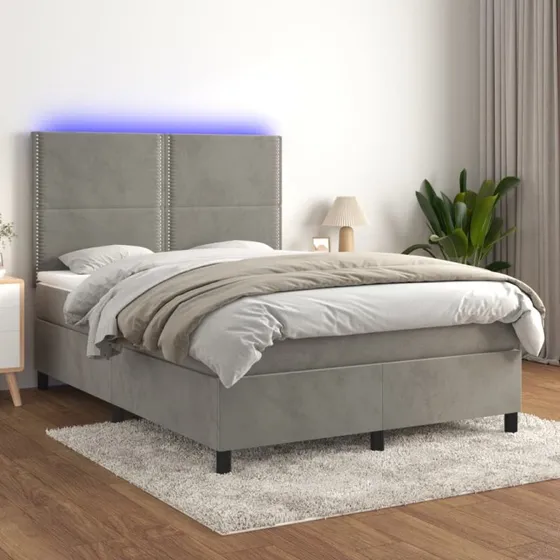 Kontinentalseng 140x190 cm i lysegrå velour med LED