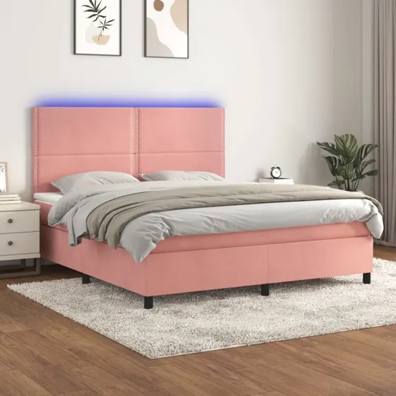 Kontinentalseng 160x200 cm i lyserød fløjl med LED-lys
