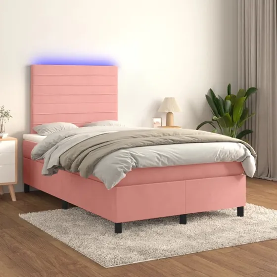 Kontinentalseng 120x200 cm i lyserød fløjl med LED-lys