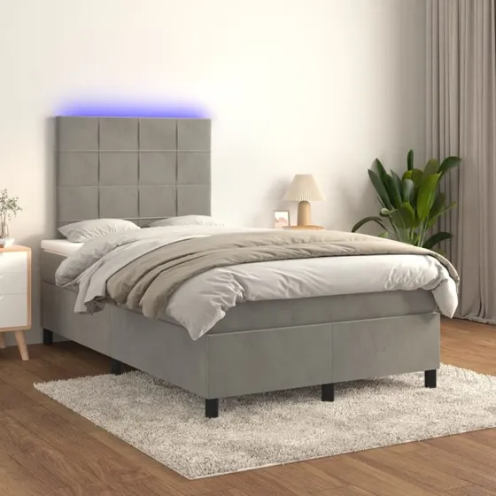 Kontinentalseng 120x200 cm i lysegråt fløjl med LED-lys