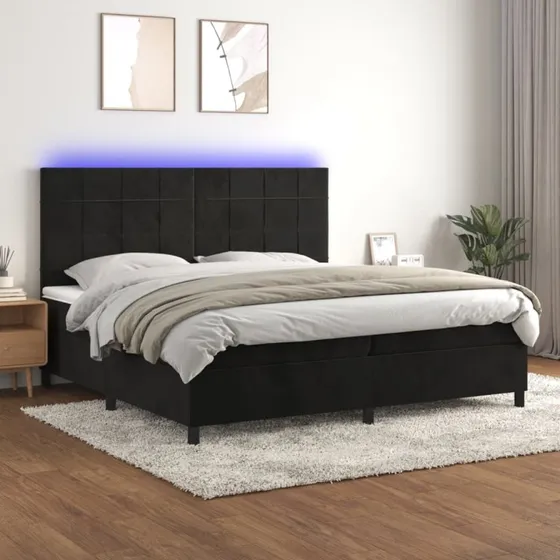 Kontinentalseng 200x200 cm i sort fløjl med LED-lys