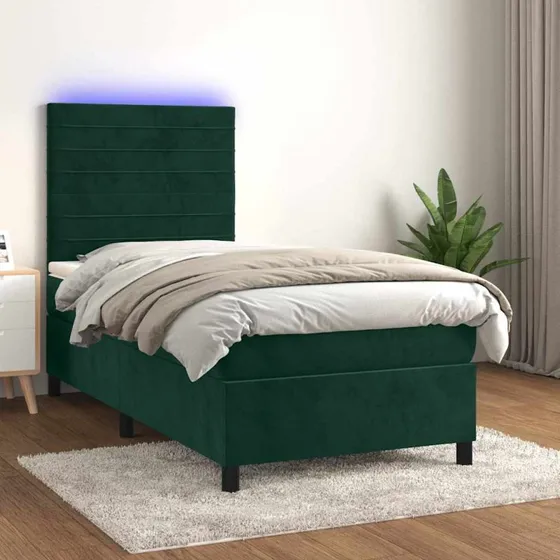 Kontinentalseng 90x190 cm i mørkegrøn fløjl med LED