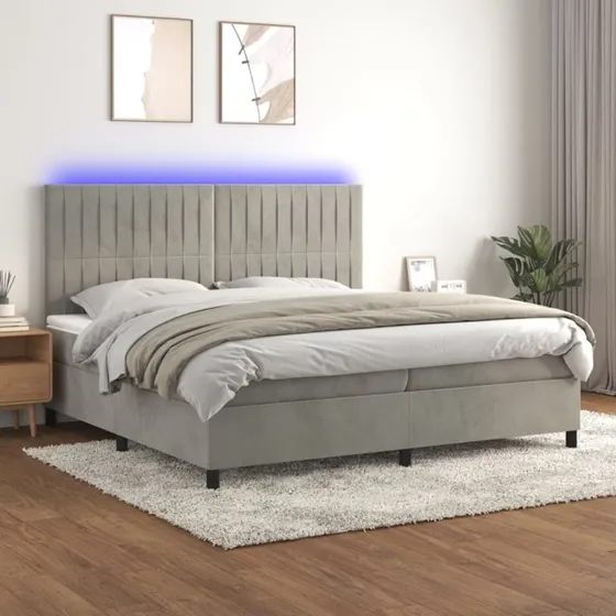 Kontinentalseng 200x200 cm i lysegrå fløjl med LED