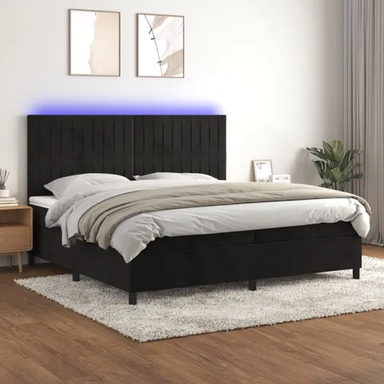 Kontinentalseng 200x200 cm i sort fløjl med LED-lys