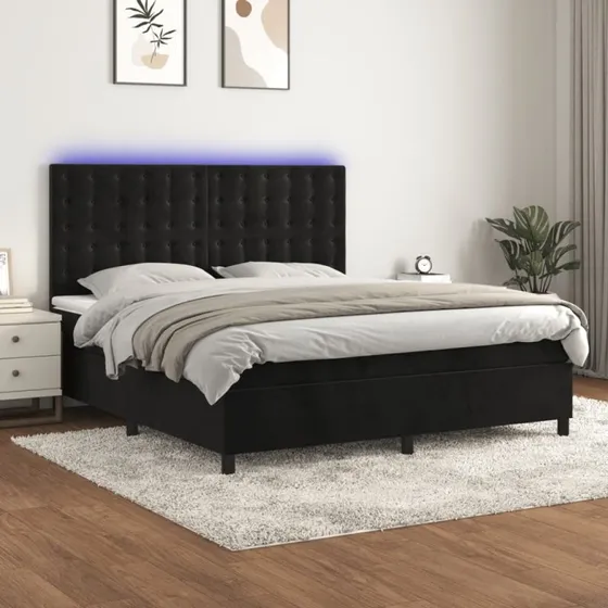 Kontinentalseng 180x200 cm i sort fløjl med LED-lys