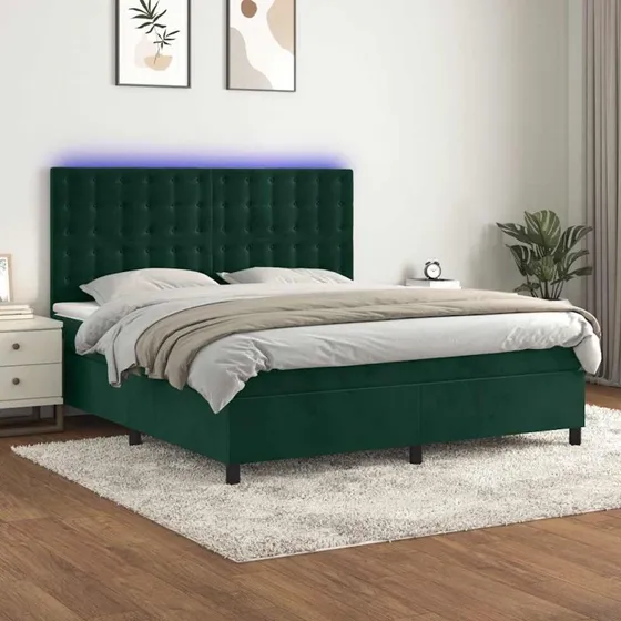 Kontinentalseng 180x200 cm i mørkegrøn fløjl med LED