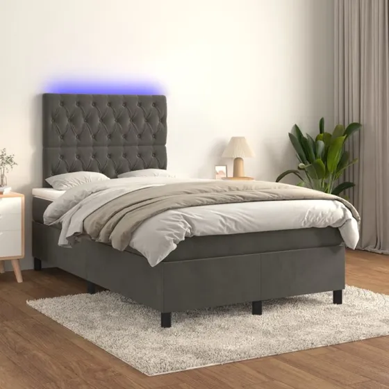 Kontinentalseng 120x200 cm i fløjl med LED-lys - mørkegrå