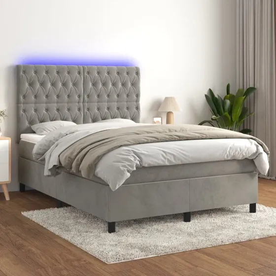 Kontinentalseng 140x190 cm i lysegrå velour med LED-lys