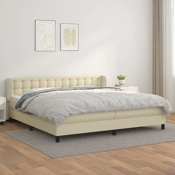 Kontinentalseng 200x200 cm i creme kunstlæder - inkl. madras