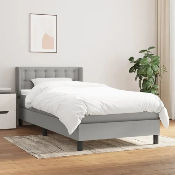Kontinentalseng 90x190 cm i lysegråt stof med pocketmadras