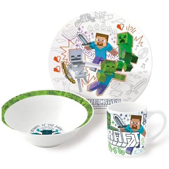Minecraft børneservice i keramik - 3 dele (Ø19/Ø17,5/236 ml)