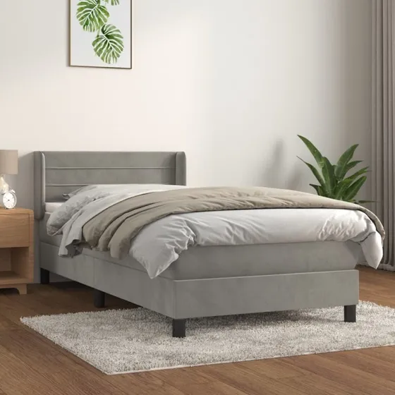 Kontinentalseng 90x190 cm i fløjl - lysegrå med pocketmadras