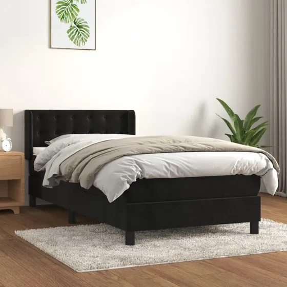 Kontinentalseng 90x200 cm i fløjl - sort, med madras