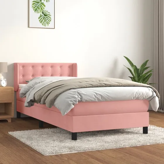 Kontinentalseng 100x200 cm i fløjl - Lyserød med pocketmadras