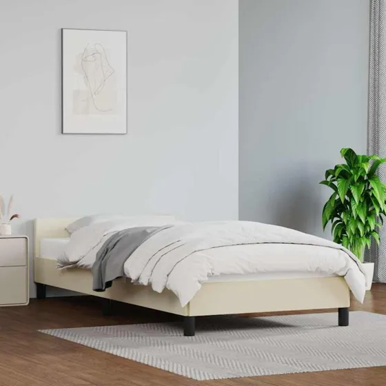 Sengeramme med sengegavl i kunstlæder creme 90x190