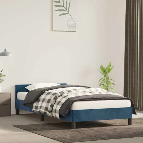 Sengeramme 90x200 cm fløjl mørkeblå med sengegavl