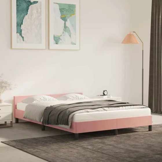 Sengeramme med hovedgærde 140x200 cm - Pink velour