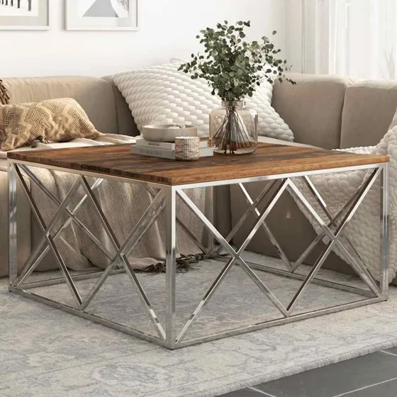 Sofabord i rustfrit stål og massivt træ, sølv 110x55 cm
