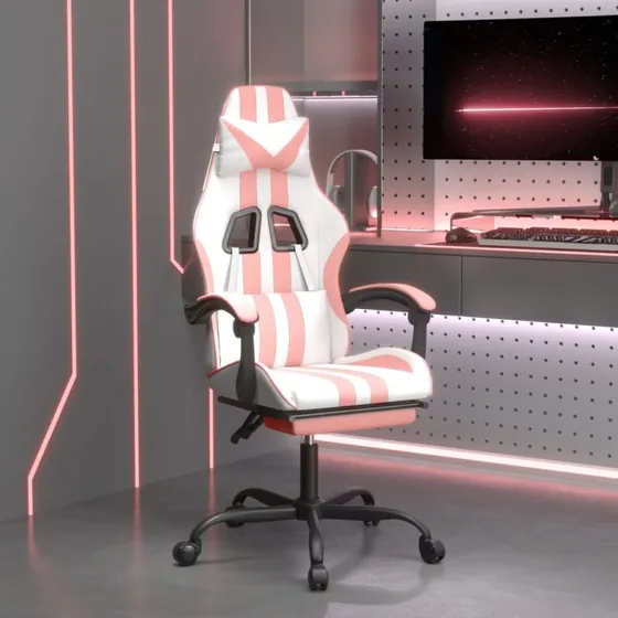 Gamingstol drejelig med fodstøtte - hvid/pink kunstlæder