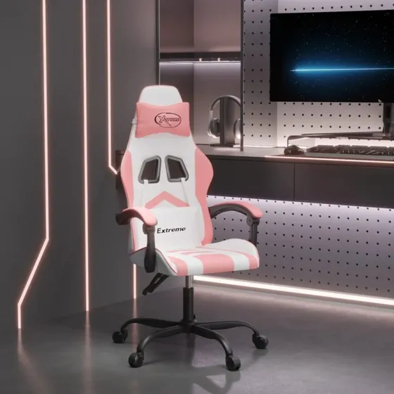 Drejelig gamingstol i kunstlæder hvid/lyserød