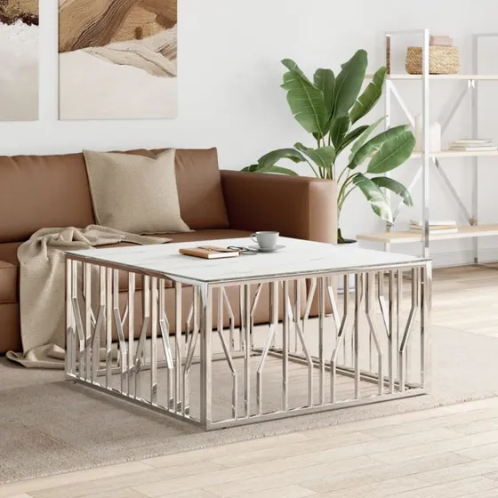 Sofabord 100x100x50 cm, rustfrit stål & marmorglas