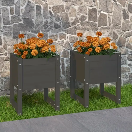 Plantekasser i massivt fyrretræ 2 stk. 40x40x52,5 cm (grå)