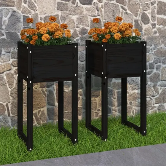 Plantekasser i massivt fyrretræ 2 stk. 40x40x81 cm, sort