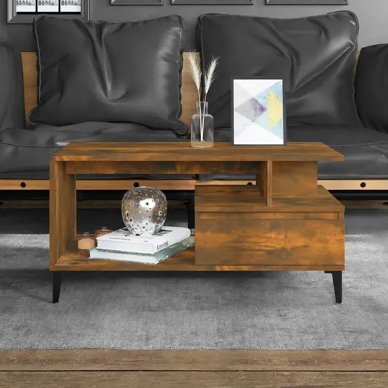 Sofabord 90x49x45 cm – røget egetræ, metalstel