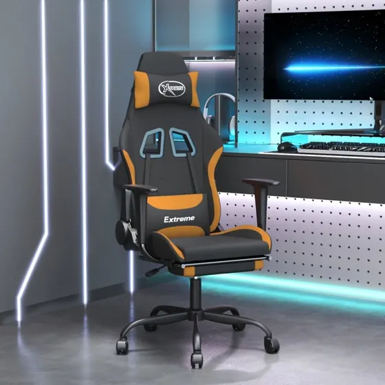Gamingstol med fodstøtte i stof – sort/orange